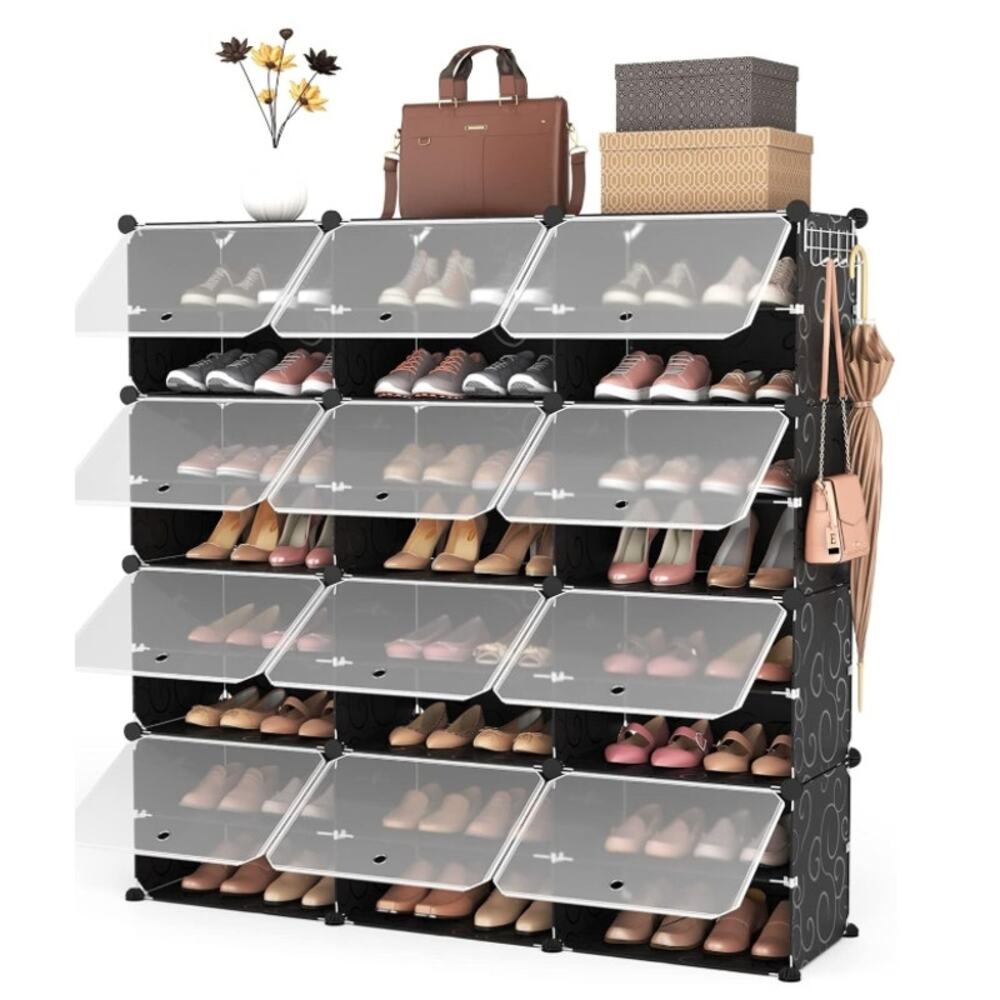 ROJASOP 8-Tier Shoe Cabinet 48-Pair Organizer Stackable Black Open Box